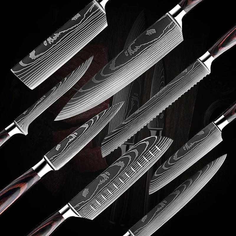 Professionele en stijlvolle 8-delige Messenset met Damascus patroon