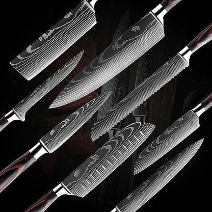 Professionele en stijlvolle 8-delige Messenset met Damascus patroon