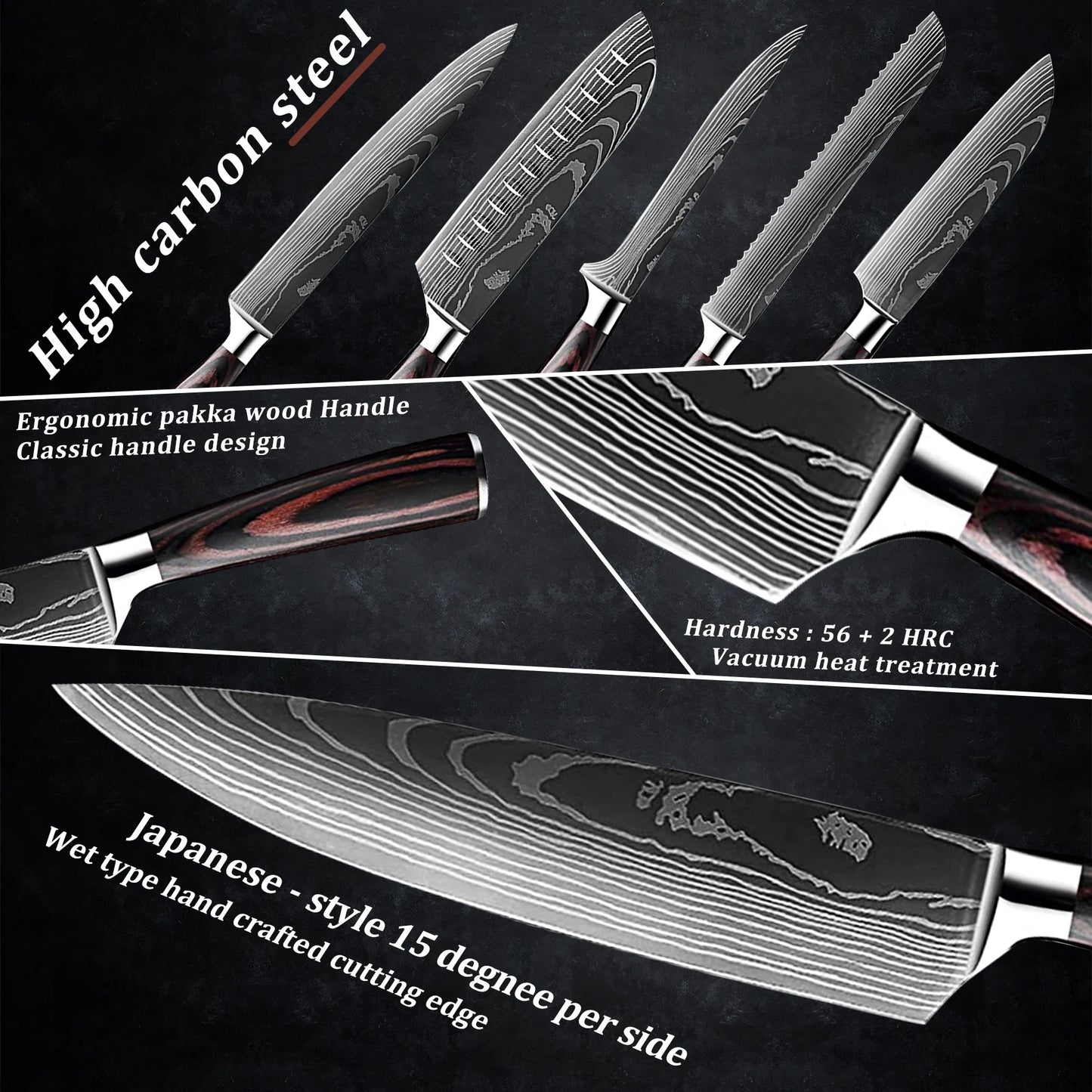 Professionele en stijlvolle 8-delige Messenset met Damascus patroon