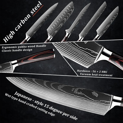 Professionele en stijlvolle 8-delige Messenset met Damascus patroon