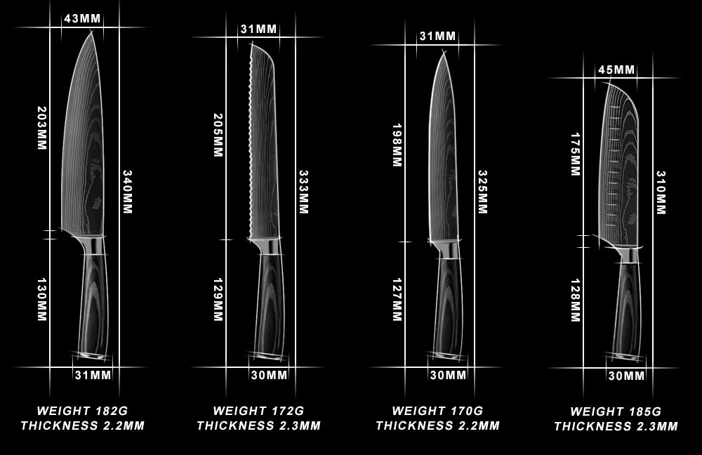 Professionele en stijlvolle 8-delige Messenset met Damascus patroon