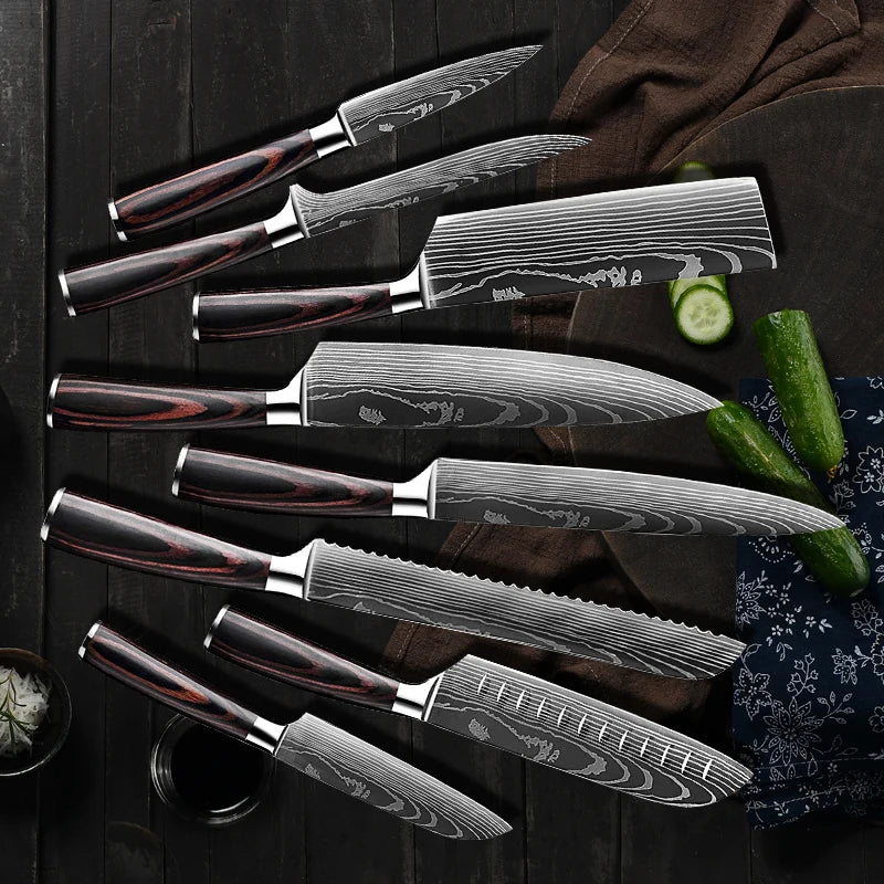 Professionele en stijlvolle 8-delige Messenset met Damascus patroon