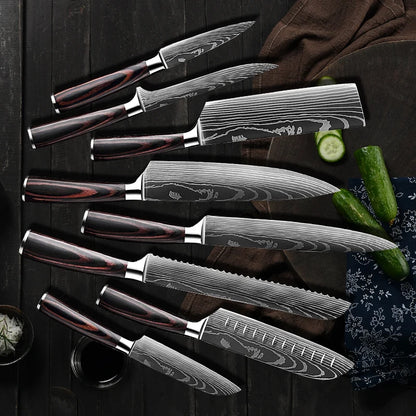 Professionele en stijlvolle 8-delige Messenset met Damascus patroon