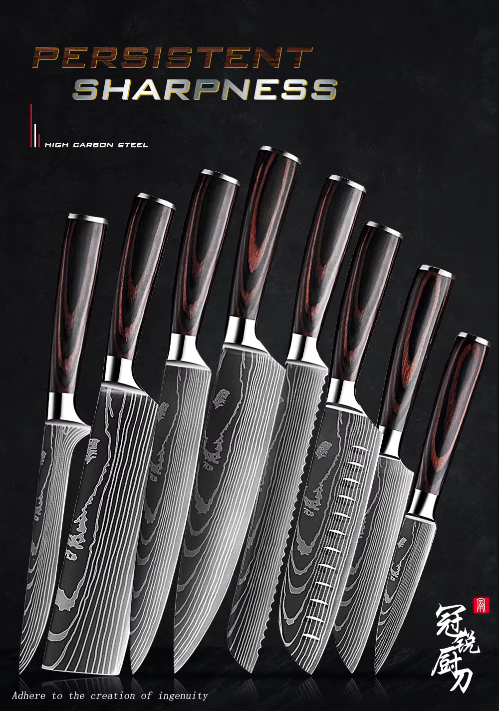 Professionele en stijlvolle 8-delige Messenset met Damascus patroon