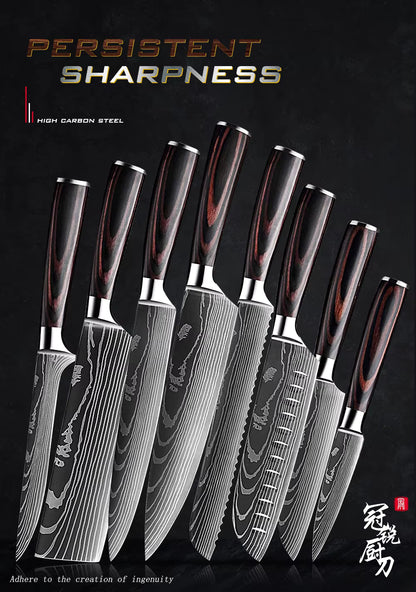 Professionele en stijlvolle 8-delige Messenset met Damascus patroon