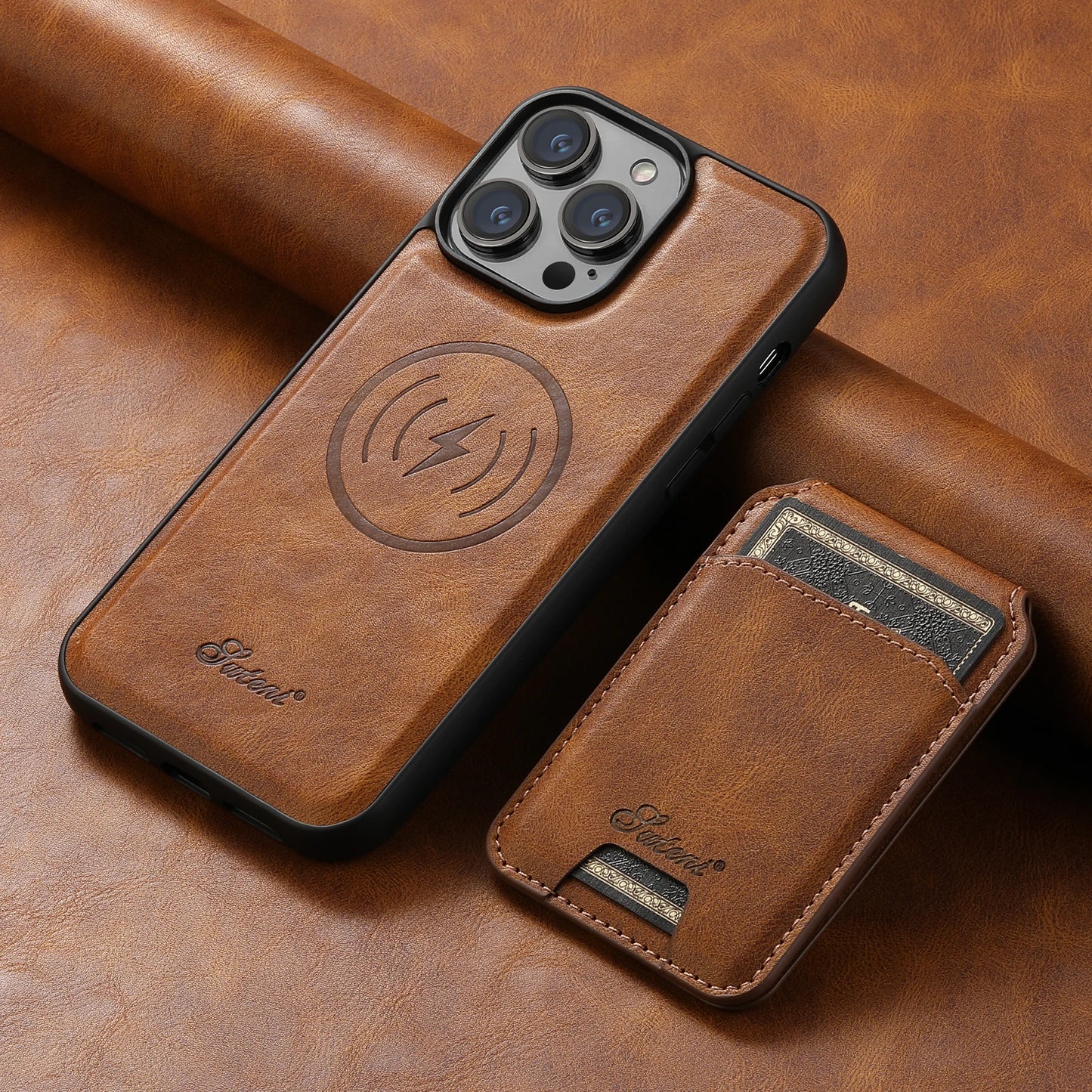 Lederen Telefoonhoesje met Pasjeshouder voor iPhone en MagSafe Opladen.